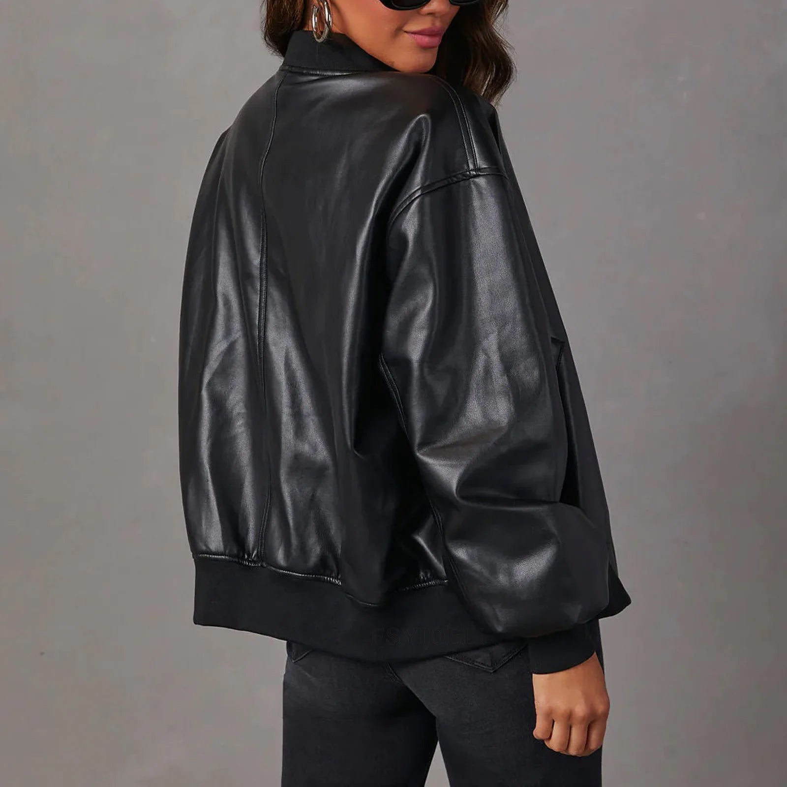 Women's Faux Leather Jacket Band Collar Zip Casual Fit