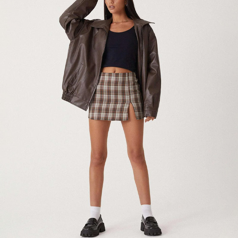Women's Faux Leather Bomber Jacket Oversized Zip-Front