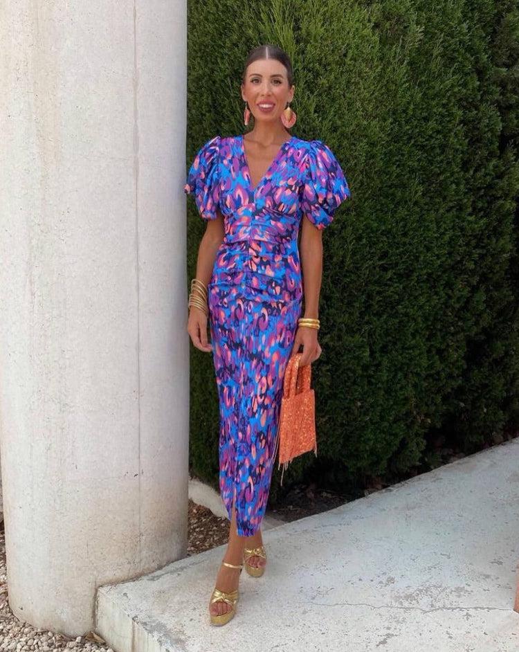 Loren - Vestido midi vibrante con mangas abullonadas