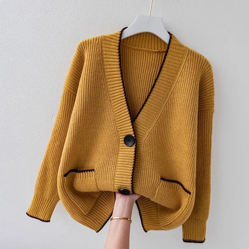 Women's Cardigan Front Pockets Trim-Lined Edges