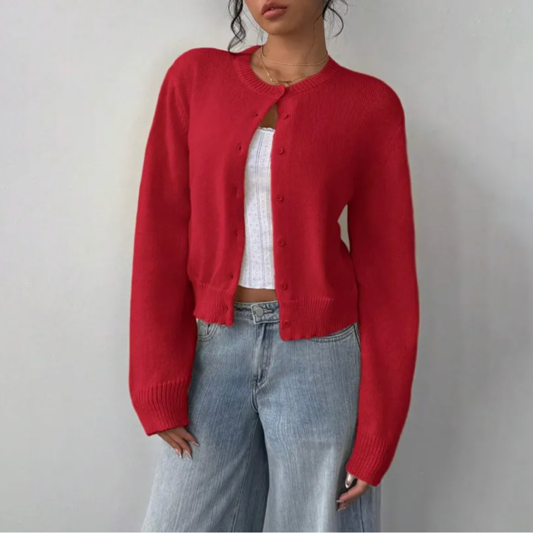 Women's Cropped Button Cardigan Round Neck Ribbed Cuffs