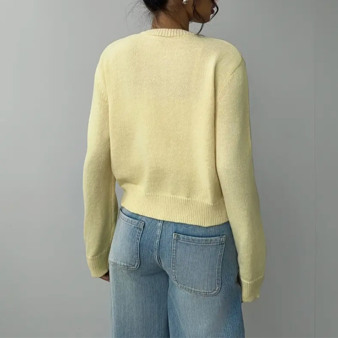 Women's Cropped Button Cardigan Round Neck Ribbed Cuffs