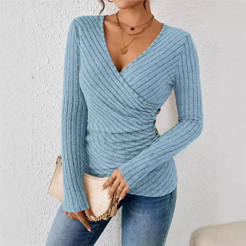Women's Ribbed Wrap Top V-Neck Ruched Long Sleeve