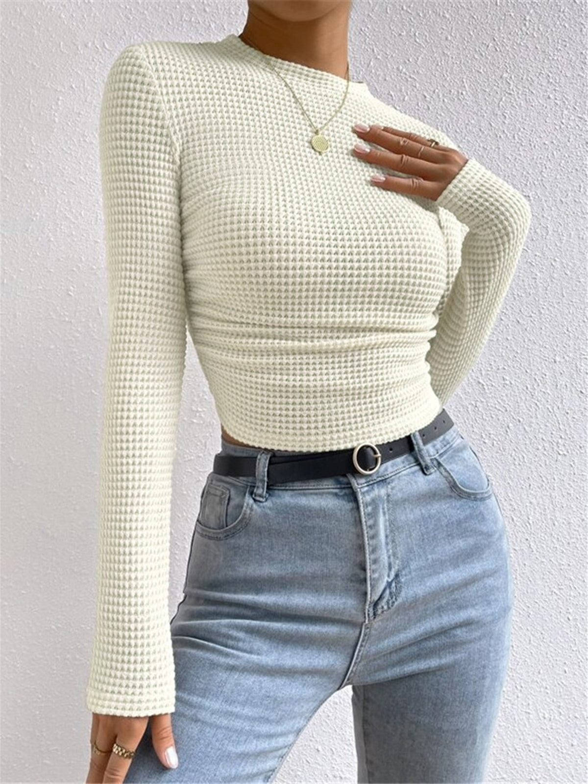 Maglia da donna a maniche lunghe in waffle con scollo girocollo