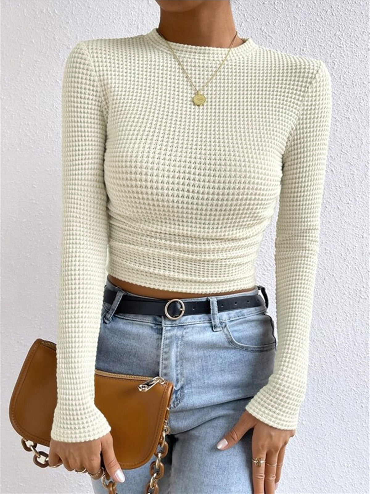 Maglia da donna a maniche lunghe in waffle con scollo girocollo