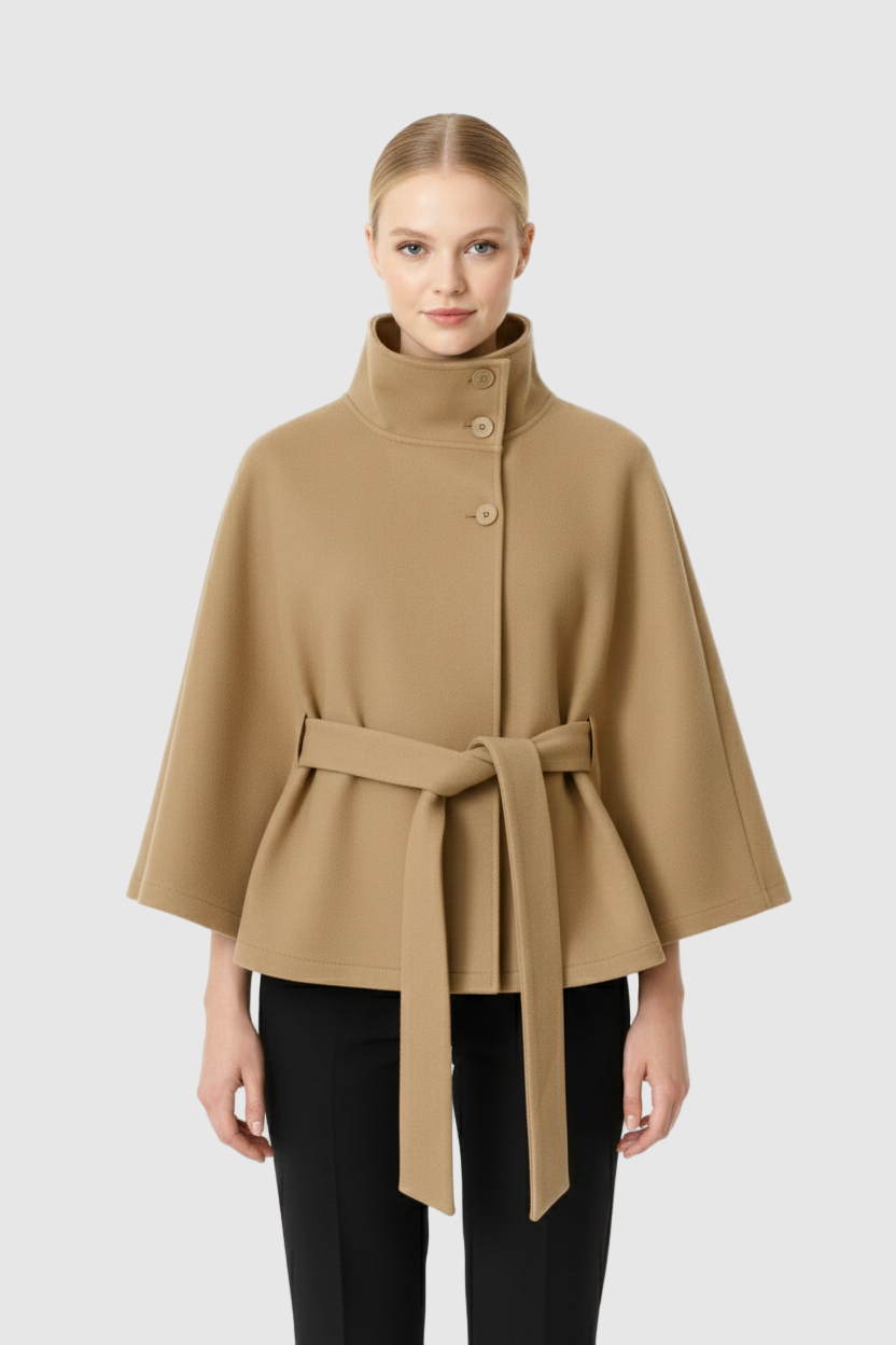 Women's Wool-Blend Coat High Neck Removable Belt