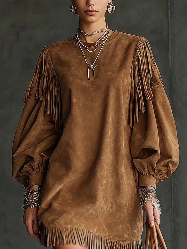 Women's Dress Suede puff sleeves