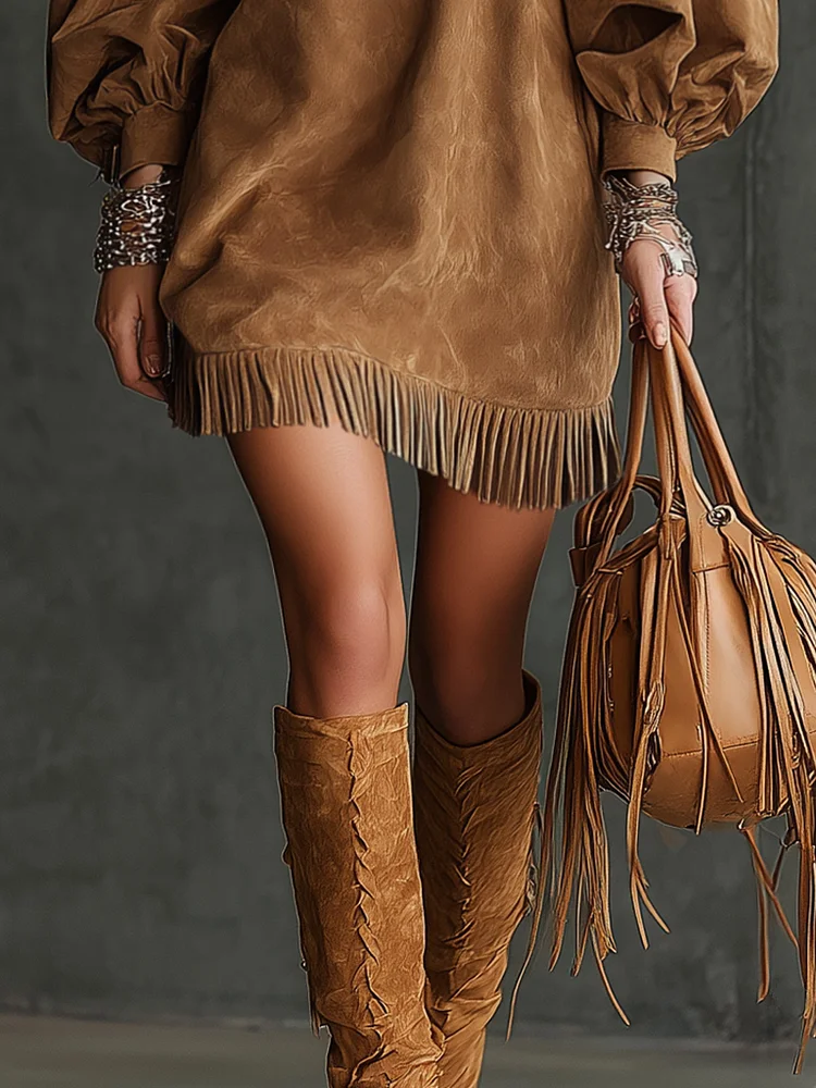 Women's Dress Suede puff sleeves