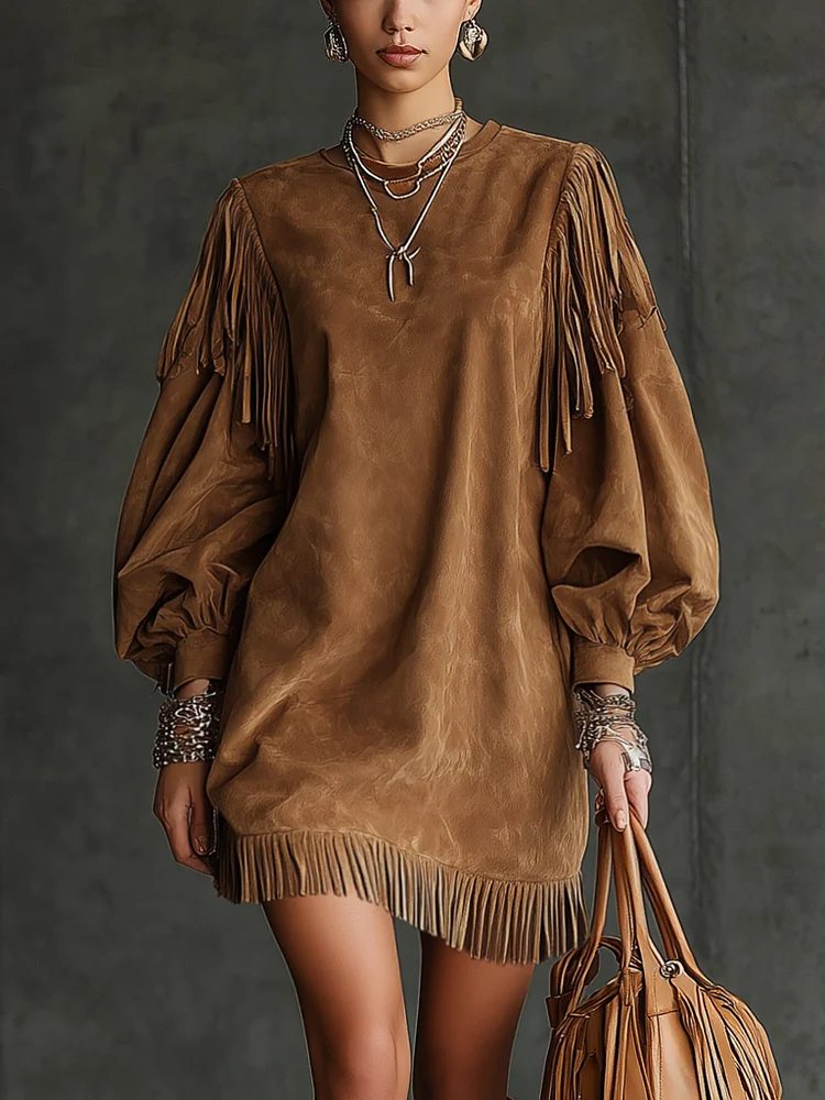 Women's Dress Suede puff sleeves