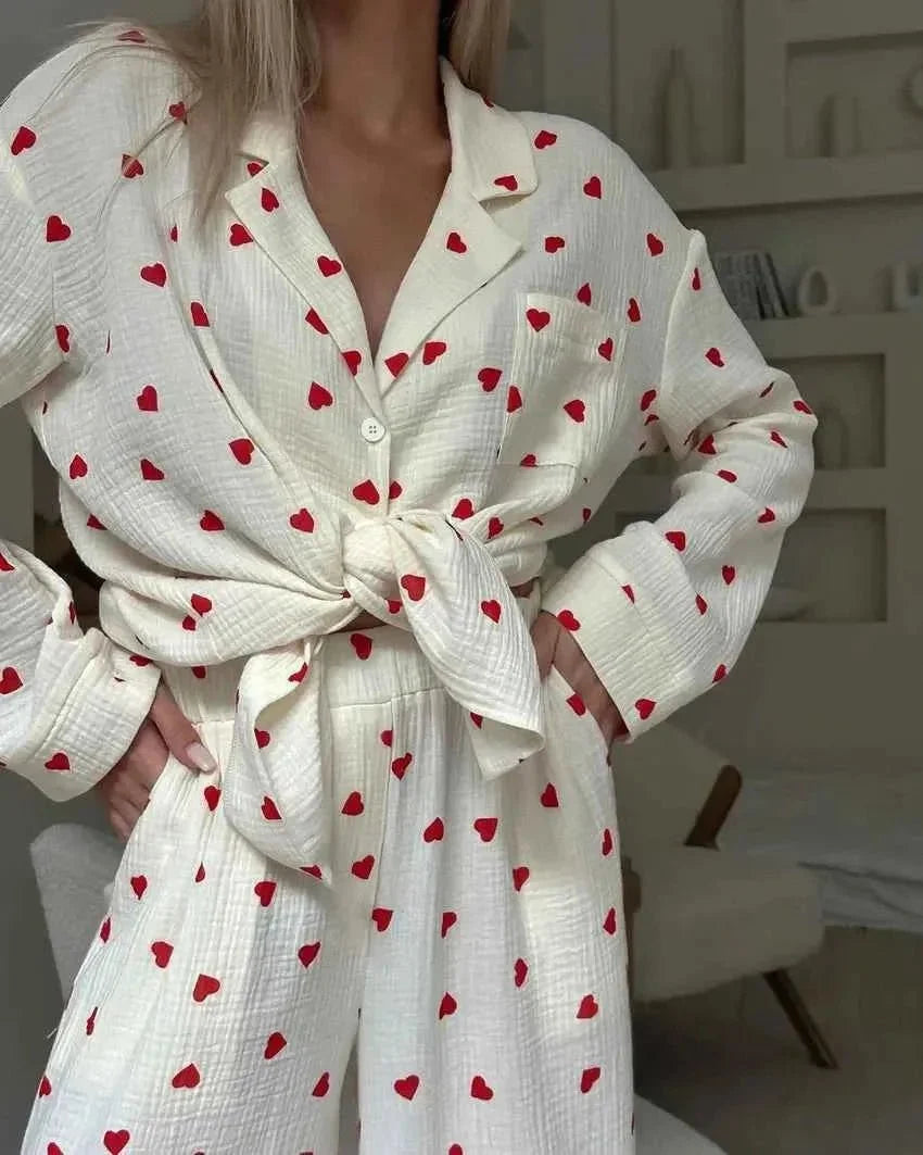 Ensemble de pyjama deux pièces pour femme, imprimé cœurs, pantalon à jambes larges