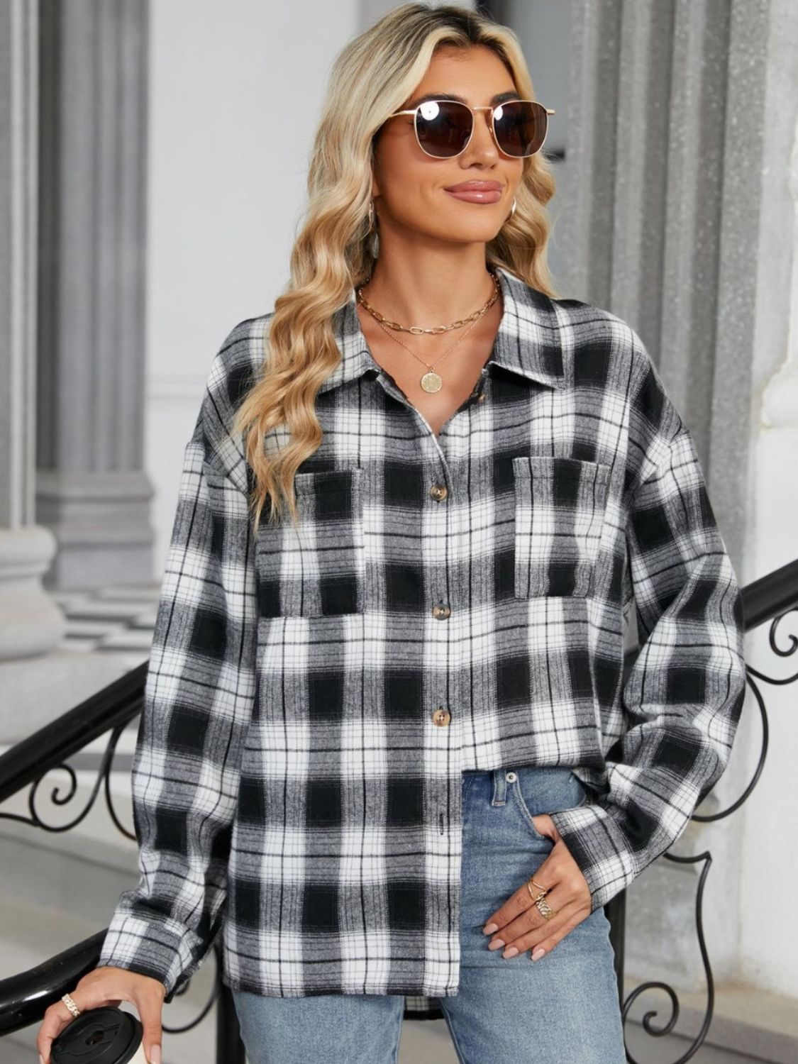Women's Check Blouse Structured Collar Long Sleeve