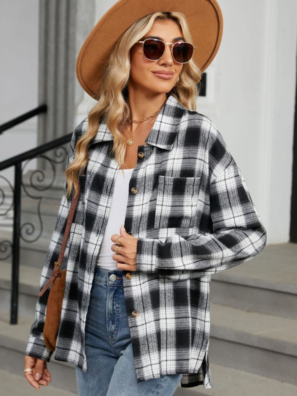 Women's Check Blouse Structured Collar Long Sleeve