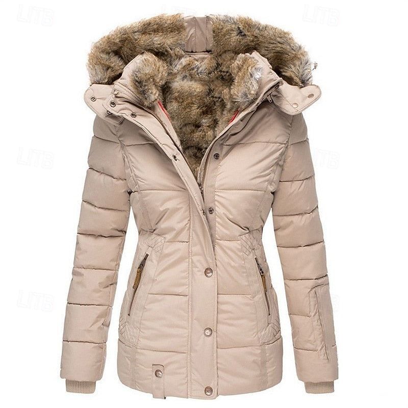 Women's Quilted Coat with Removable Hood and Fitted Waist