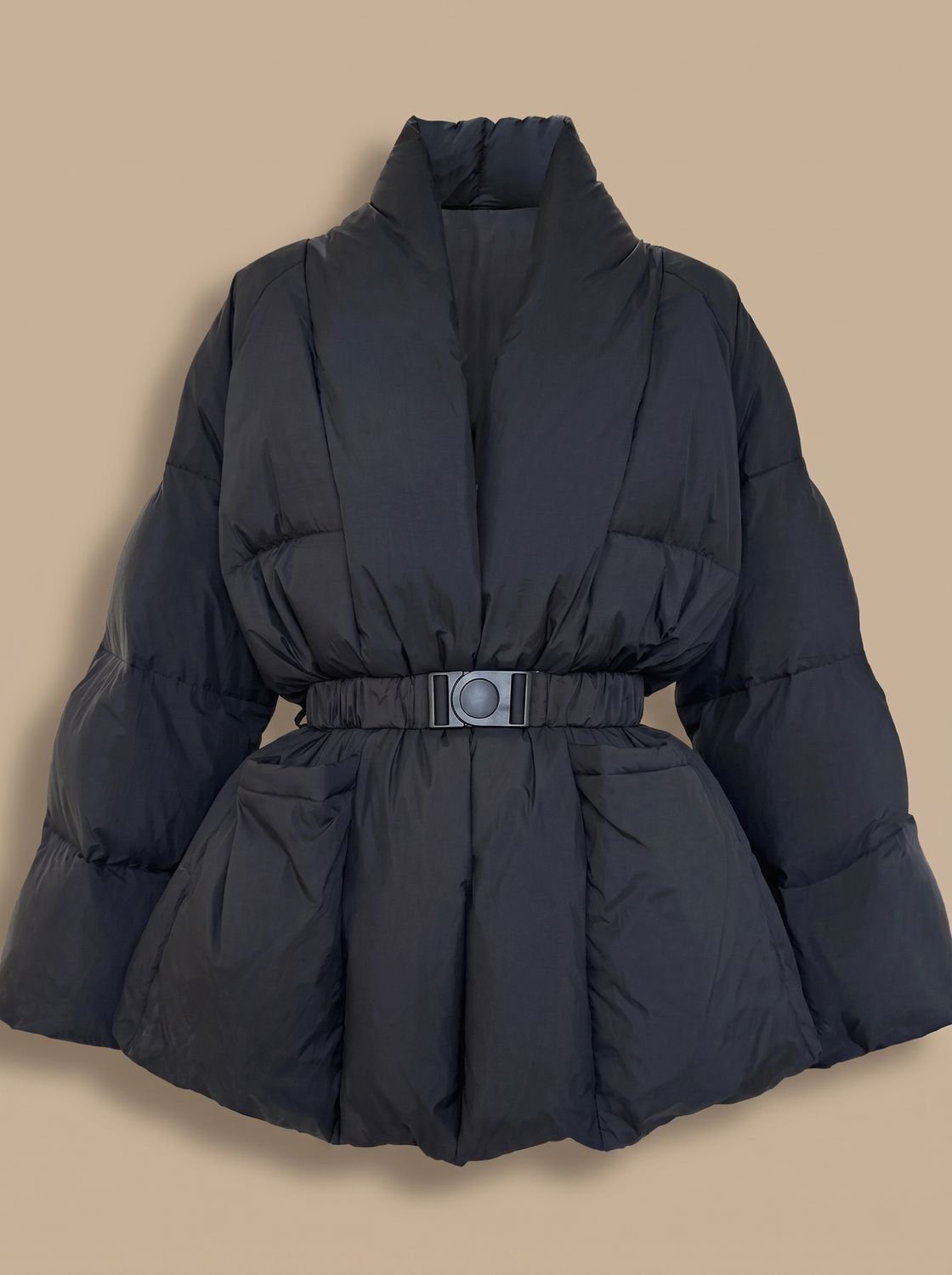Women's Down Jacket with Buckle Belt and High Collar