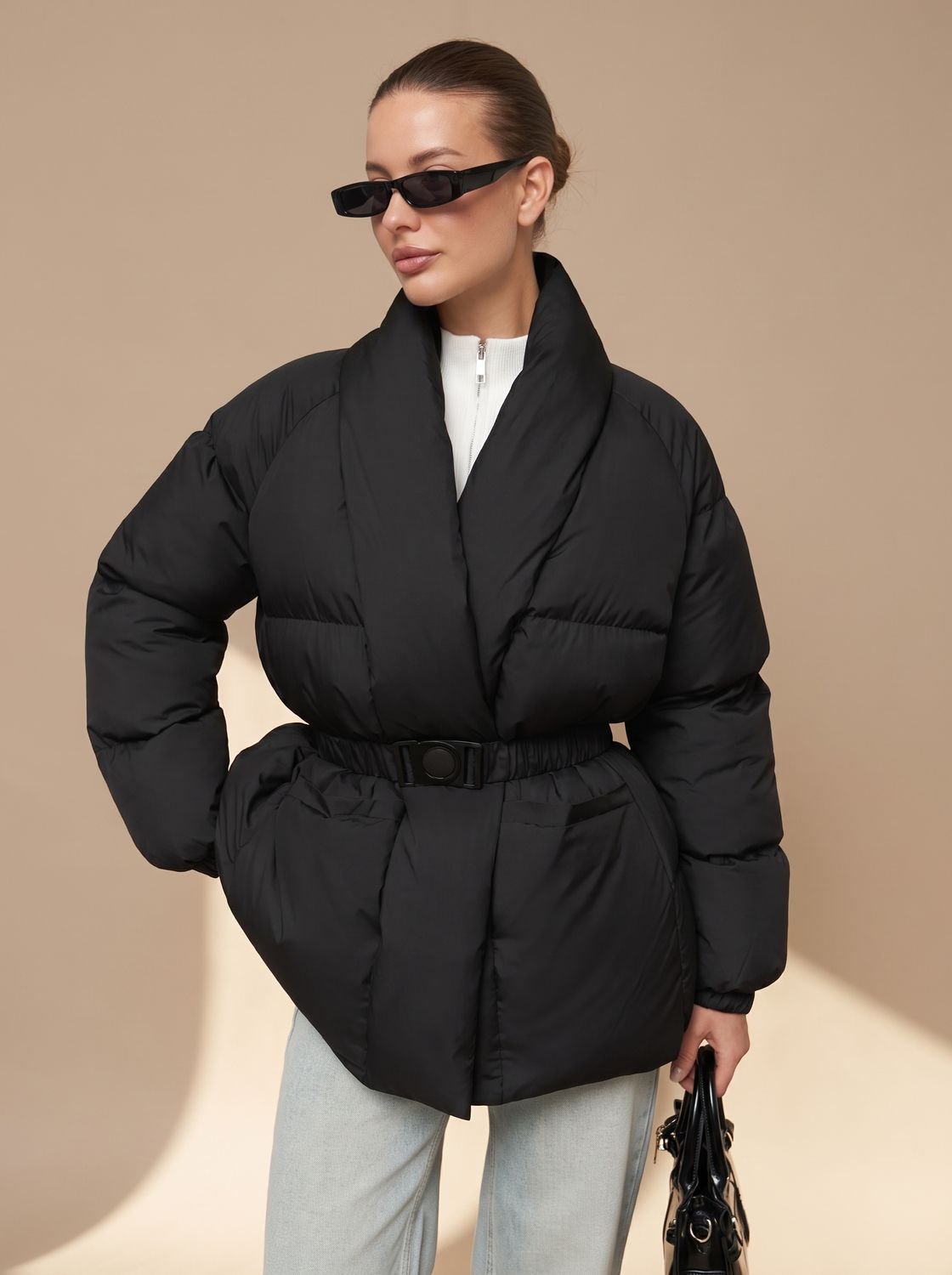 Women's Down Jacket with Buckle Belt and High Collar