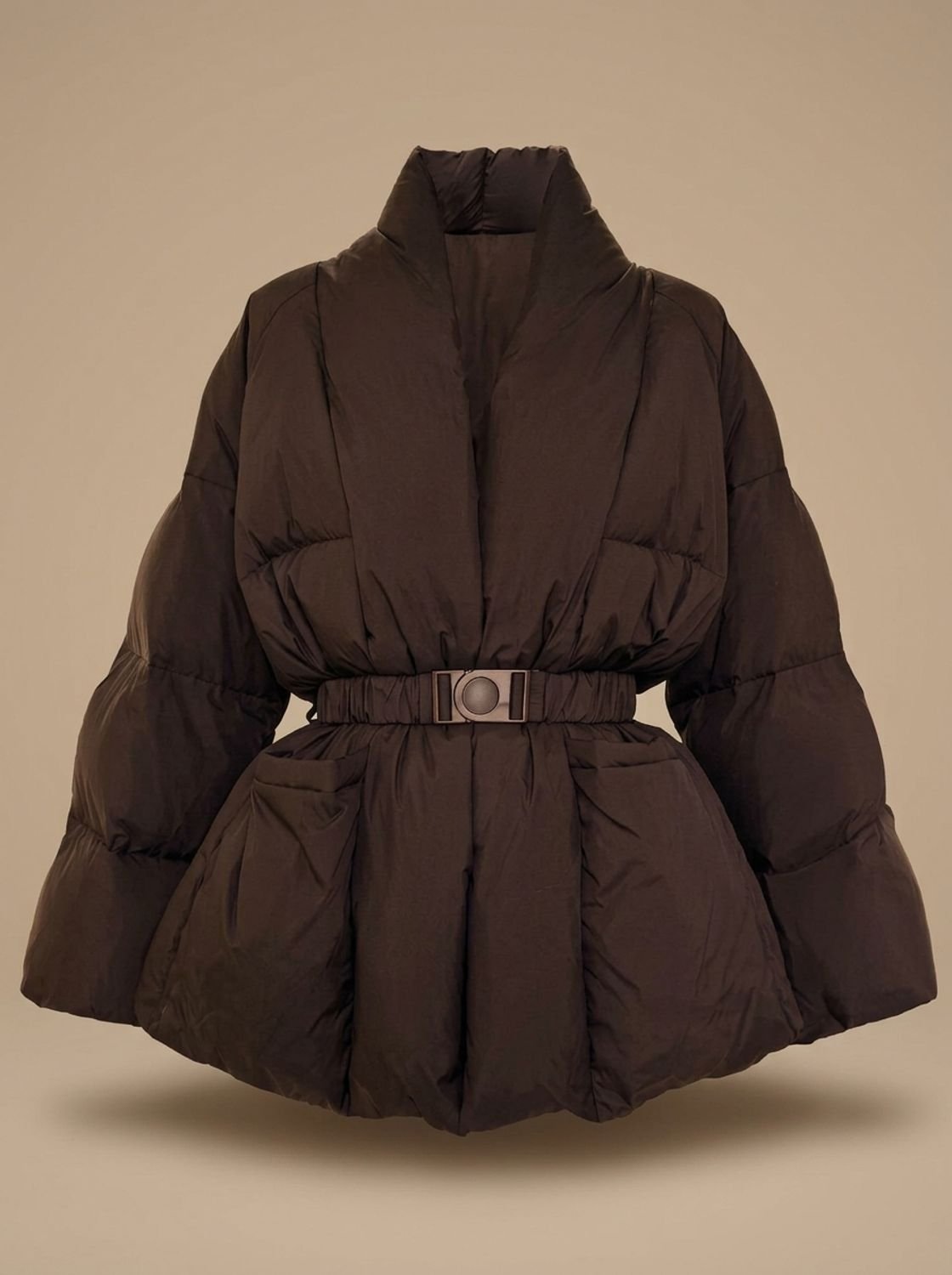 Women's Down Jacket with Buckle Belt and High Collar