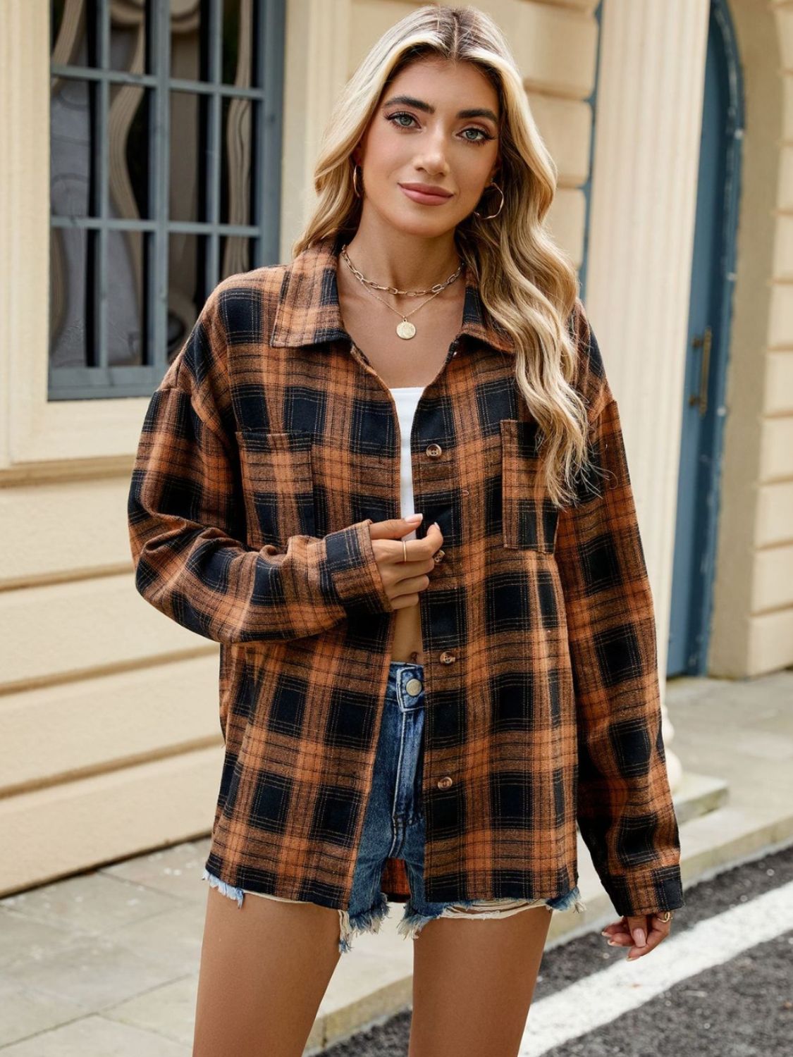 Women's Check Blouse Structured Collar Long Sleeve