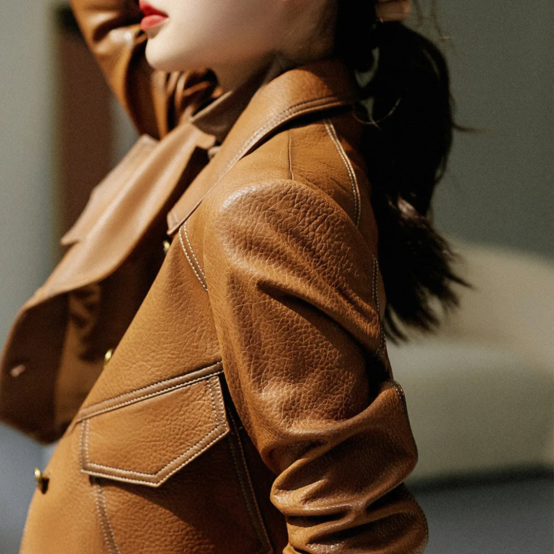 Women's Cropped Faux Leather Blazer Lapel Collar Seam Accents