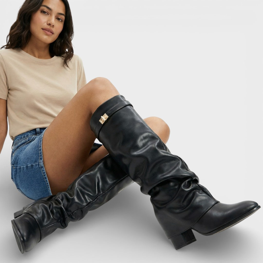 Bottes montantes femme à bout pointu, talon bas froncé et boucle