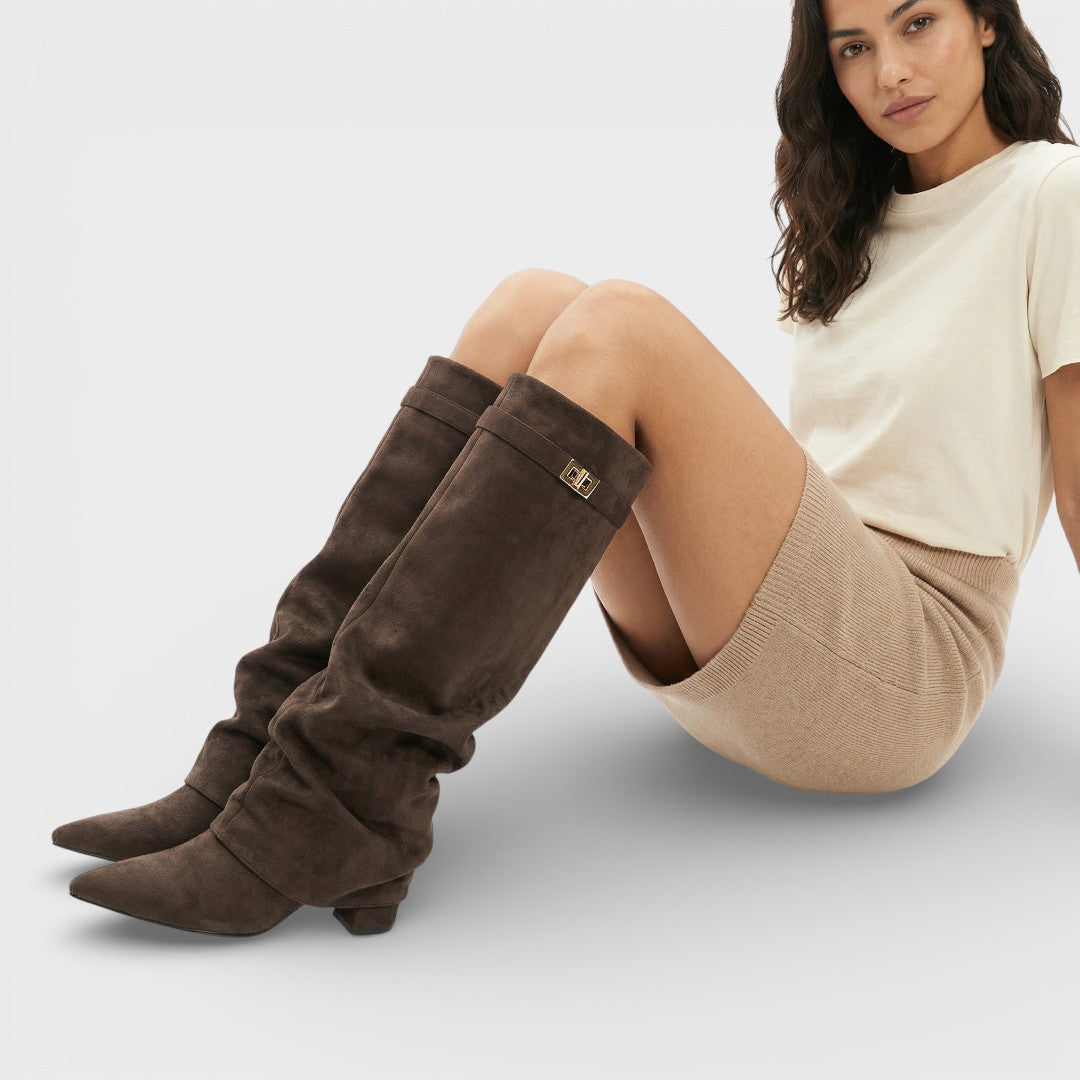 Bottes montantes femme à bout pointu, talon bas froncé et boucle
