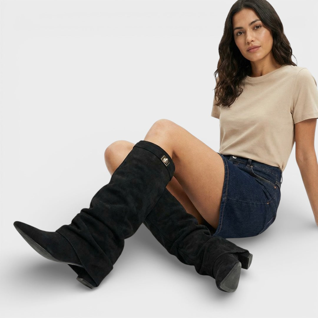 Bottes montantes femme à bout pointu, talon bas froncé et boucle