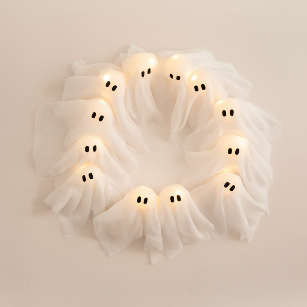 LED Ghost Wreath Halloween Door Decoration Light-Up