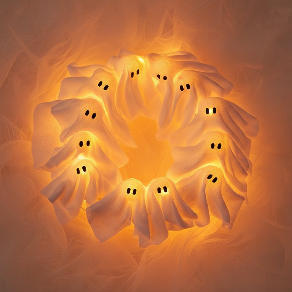 LED Ghost Wreath Halloween Door Decoration Light-Up