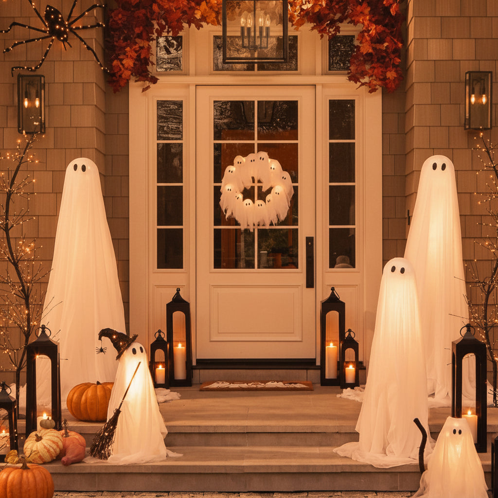 LED Ghost Wreath Halloween Door Decoration Light-Up