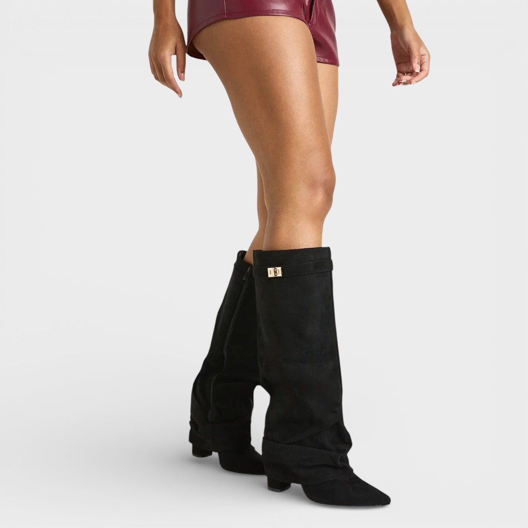 Bottes montantes femme à bout pointu, talon bas froncé et boucle