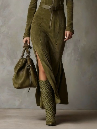Women's Maxi Dress Suede removable waist belt