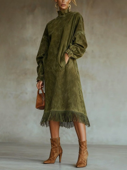 Women's Midi Dress Suede puff sleeves