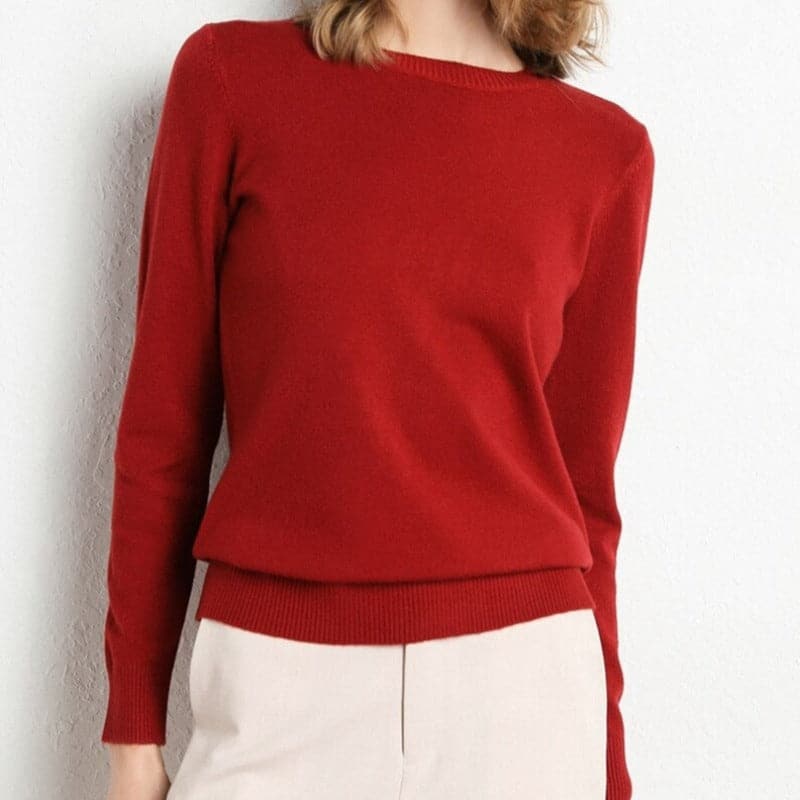 Women's Cashmere-Blend Sweater Round Neck Ribbed Trims