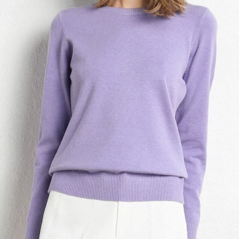 Women's Cashmere-Blend Sweater Round Neck Ribbed Trims