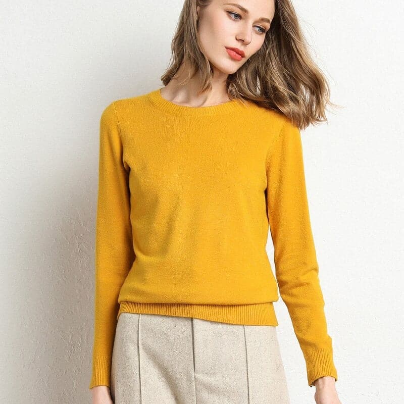 Women's Cashmere-Blend Sweater Round Neck Ribbed Trims
