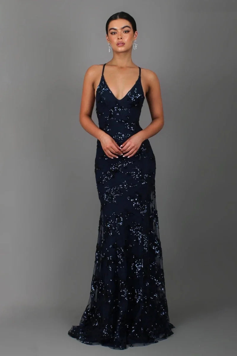 Women's Floor-Length Sequin Evening Dress Deep Back