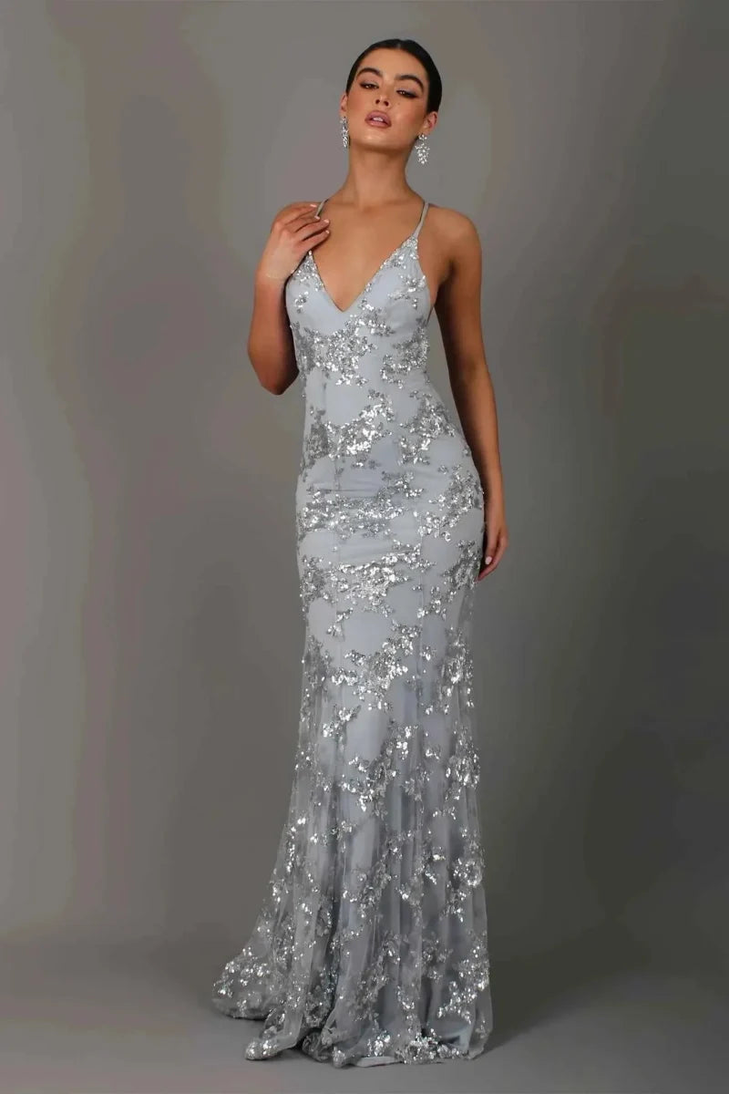 Women's Floor-Length Sequin Evening Dress Deep Back