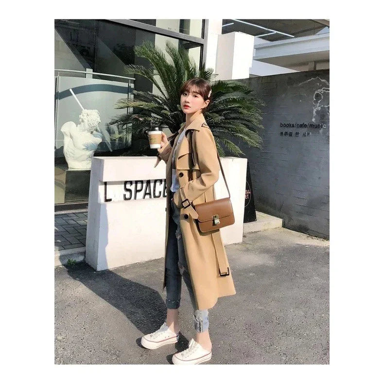 Women's Long Trench Coat with Double Button Closure