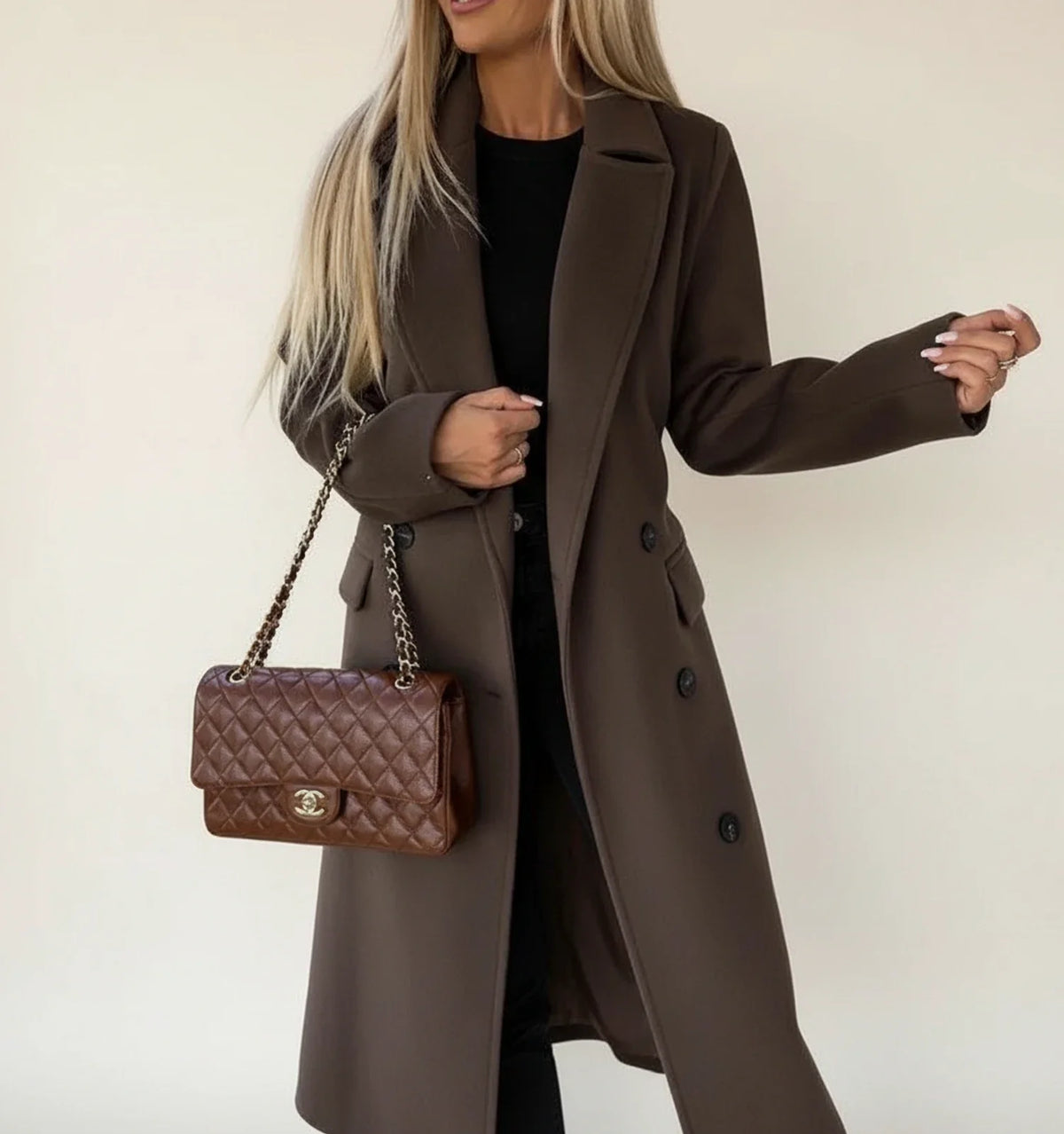 Women's Belted Midi Overcoat Double-Breasted Notch Lapel