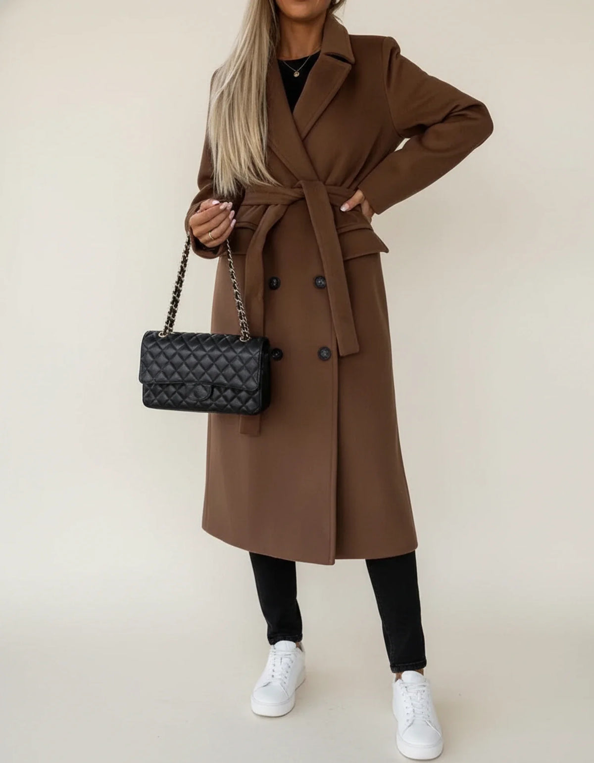 Women's Belted Midi Overcoat Double-Breasted Notch Lapel
