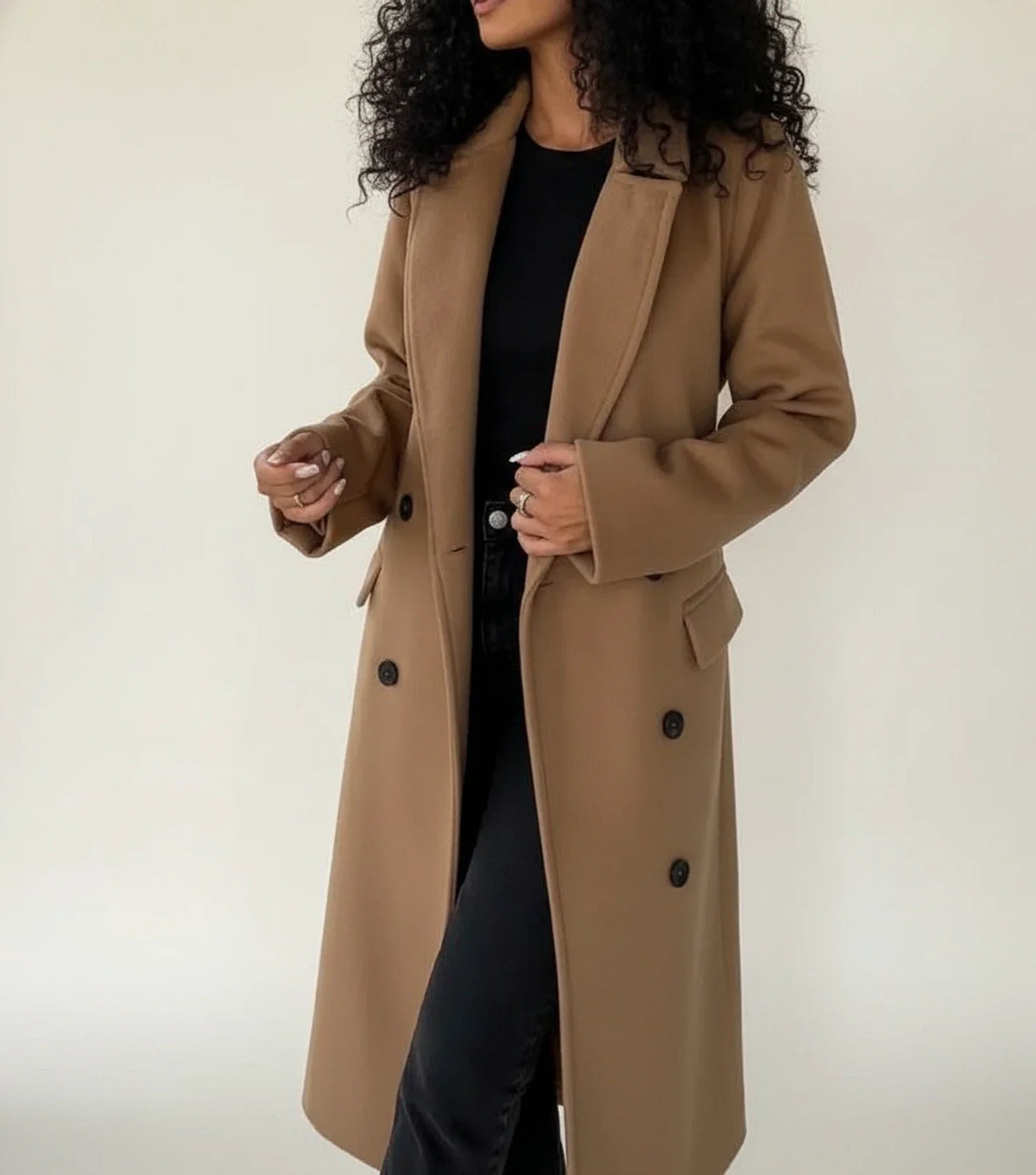 Women's Belted Midi Overcoat Double-Breasted Notch Lapel