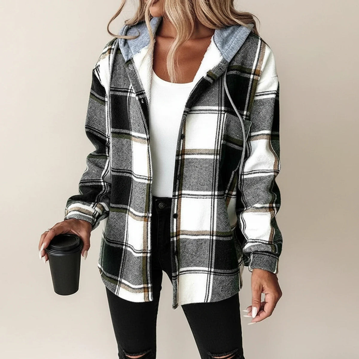 Women's Plaid Shirt Jacket Hooded Button-Down