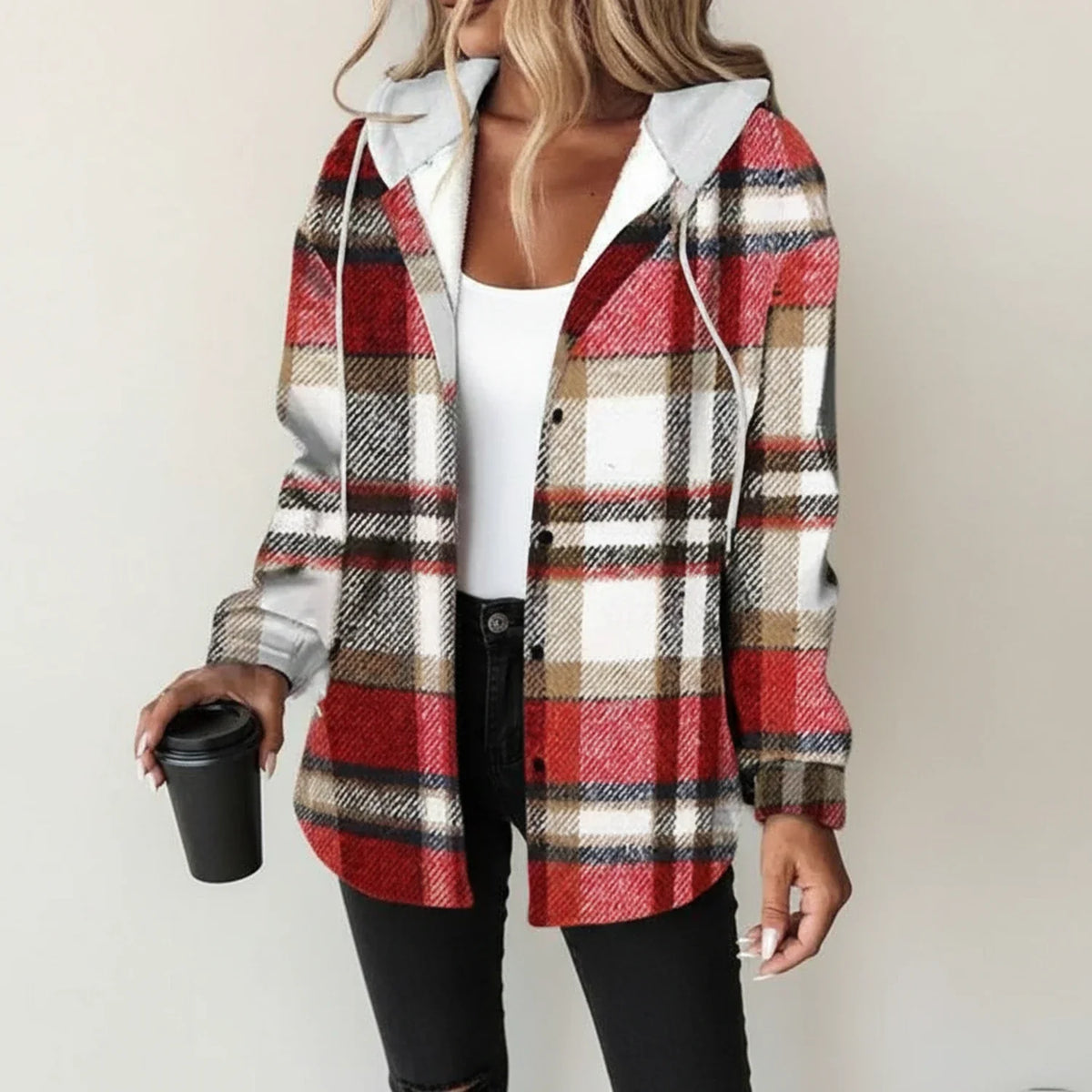 Women's Plaid Shirt Jacket Hooded Button-Down