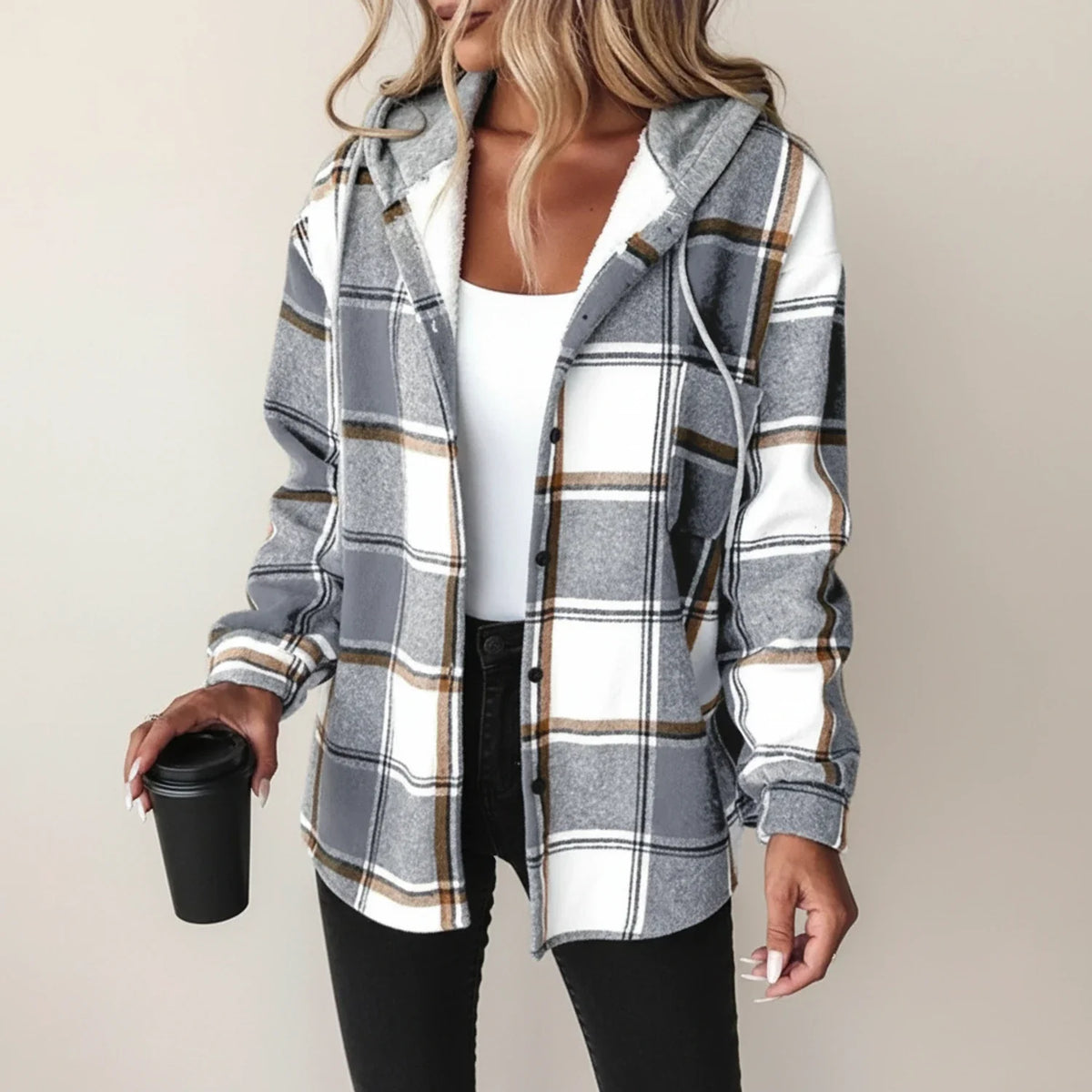 Women's Plaid Shirt Jacket Hooded Button-Down