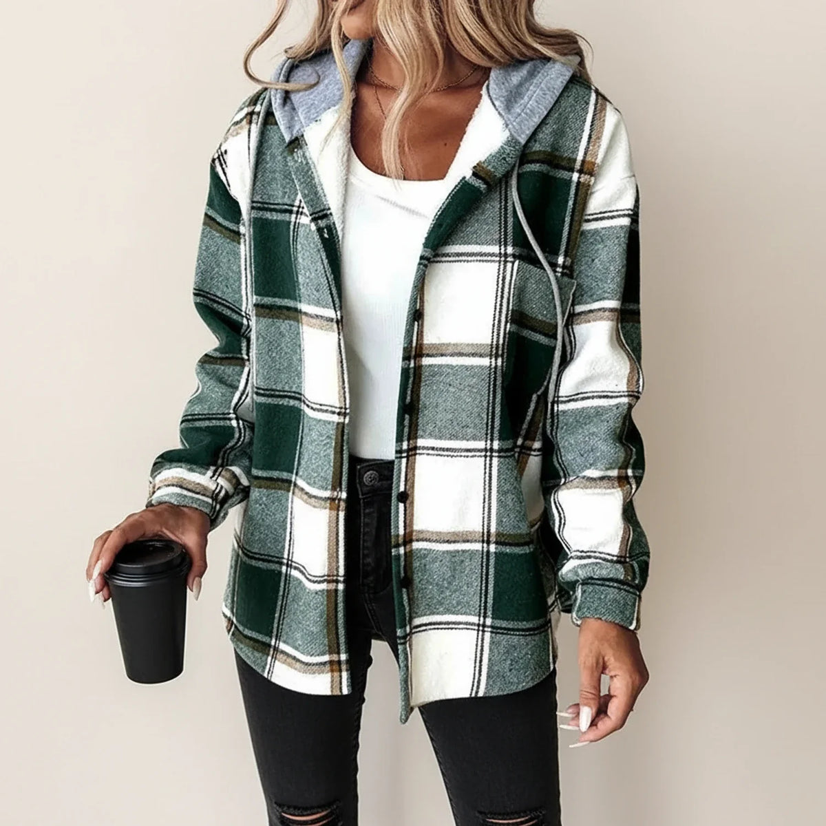 Women's Plaid Shirt Jacket Hooded Button-Down