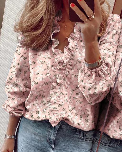 Blusa con volant da donna, scollo a V, maniche lunghe e polsini elasticizzati