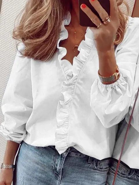 Blusa con volant da donna, scollo a V, maniche lunghe e polsini elasticizzati