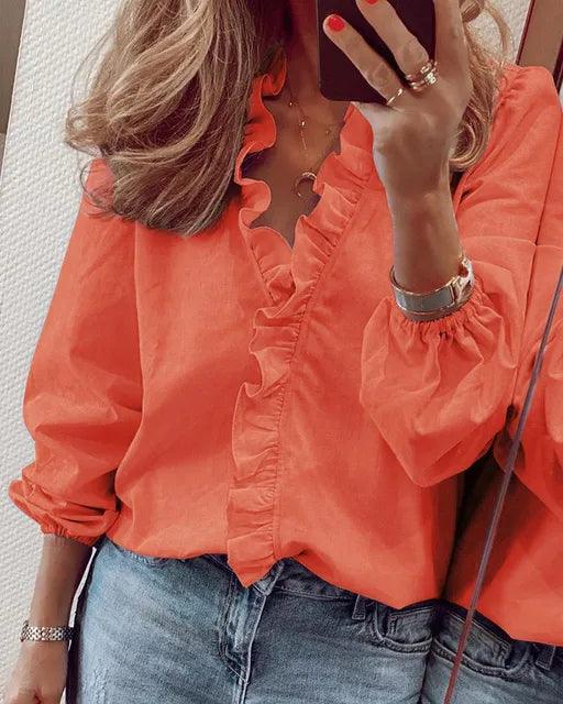 Blusa con volant da donna, scollo a V, maniche lunghe e polsini elasticizzati