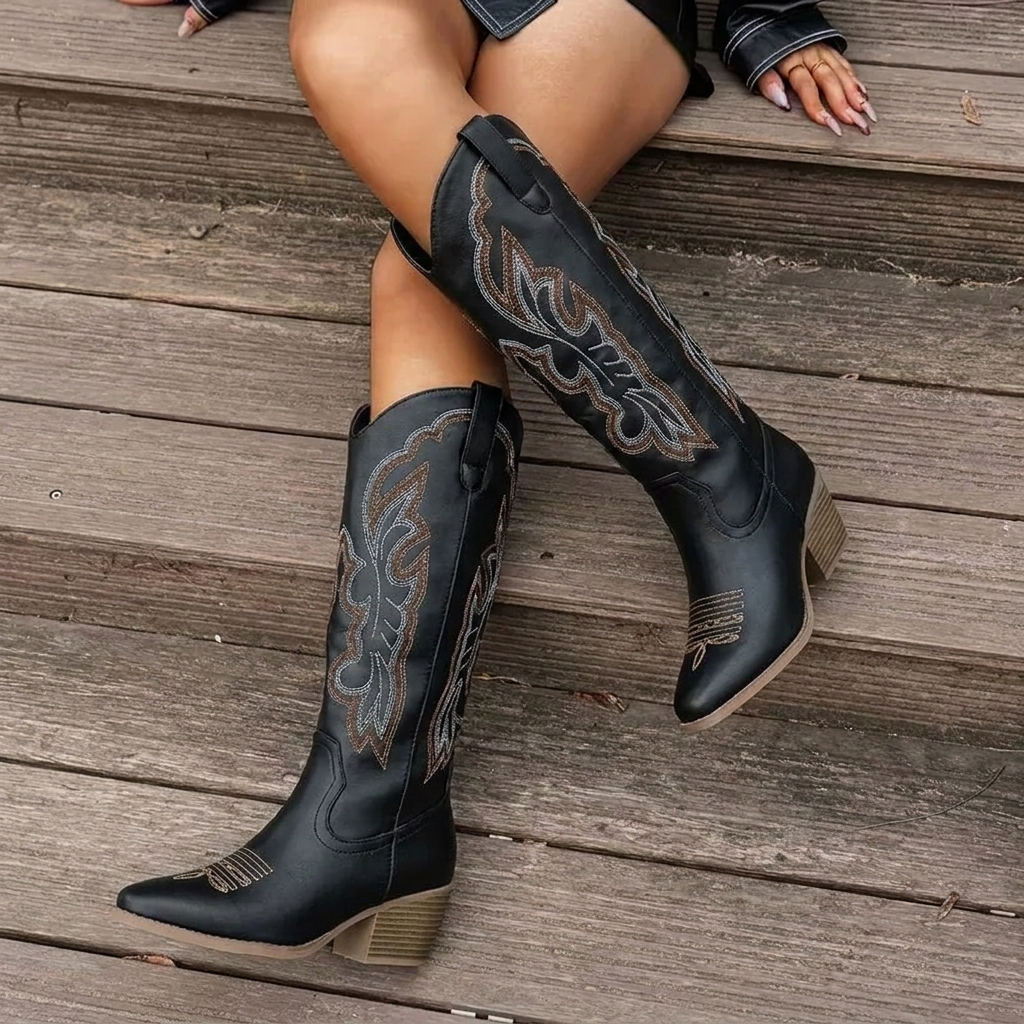Botas vaqueras de mujer bordadas, hasta la rodilla, con tacón grueso