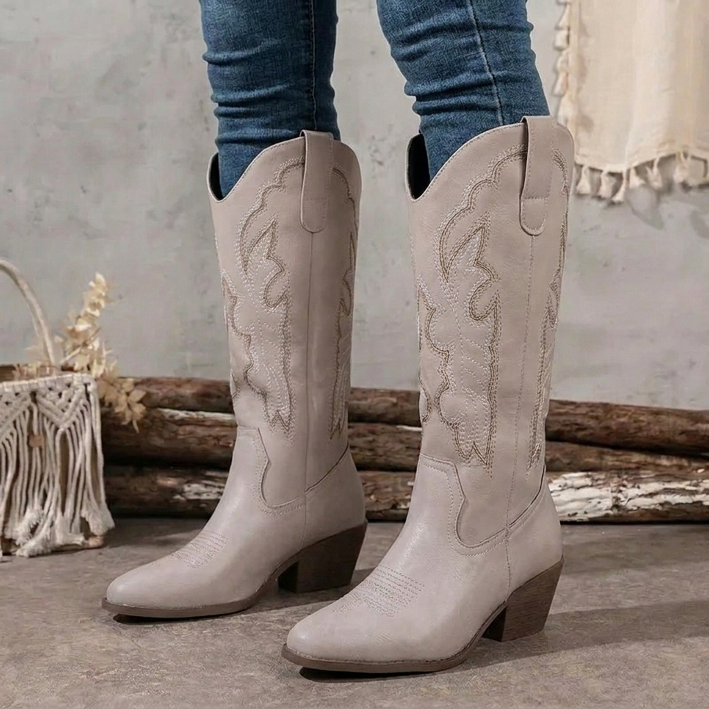 Botas vaqueras de mujer bordadas, hasta la rodilla, con tacón grueso