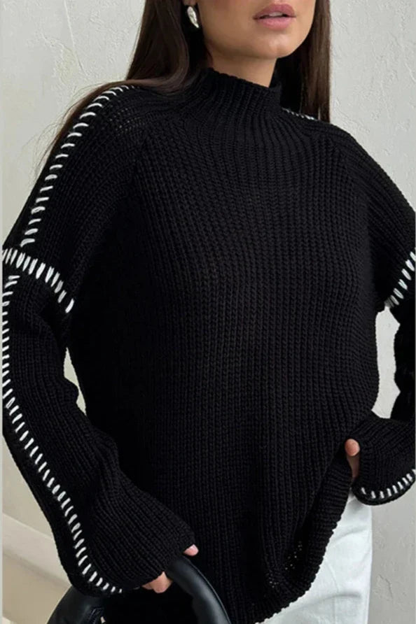 Women's Chunky Oversized Mock Neck Jumper with Contrast